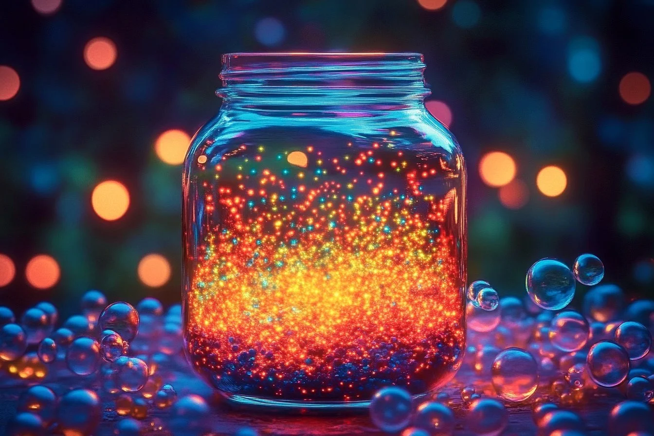Homemade glow-in-the-dark bubbles illuminated in a dark room.