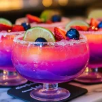 A colorful bowl of Jamaican Me Crazy Party Punch filled with tropical fruits.