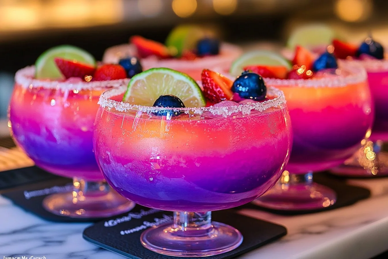 A colorful bowl of Jamaican Me Crazy Party Punch filled with tropical fruits.