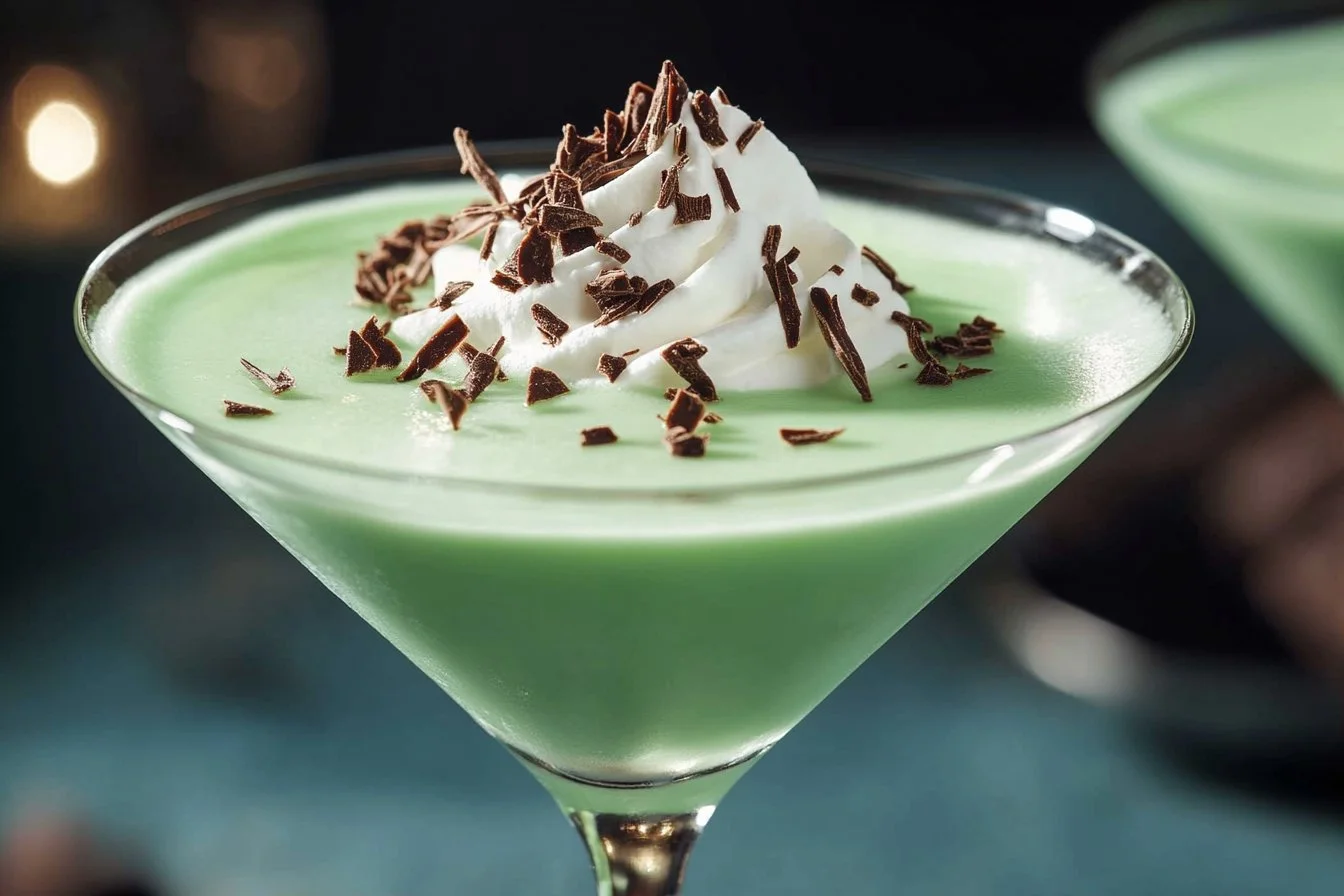 Mint Chocolate Chip Espresso Martini with mint leaves and chocolate garnish