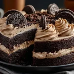 Slice of Black Velvet Cake topped with creamy Oreo frosting on a decorative plate.