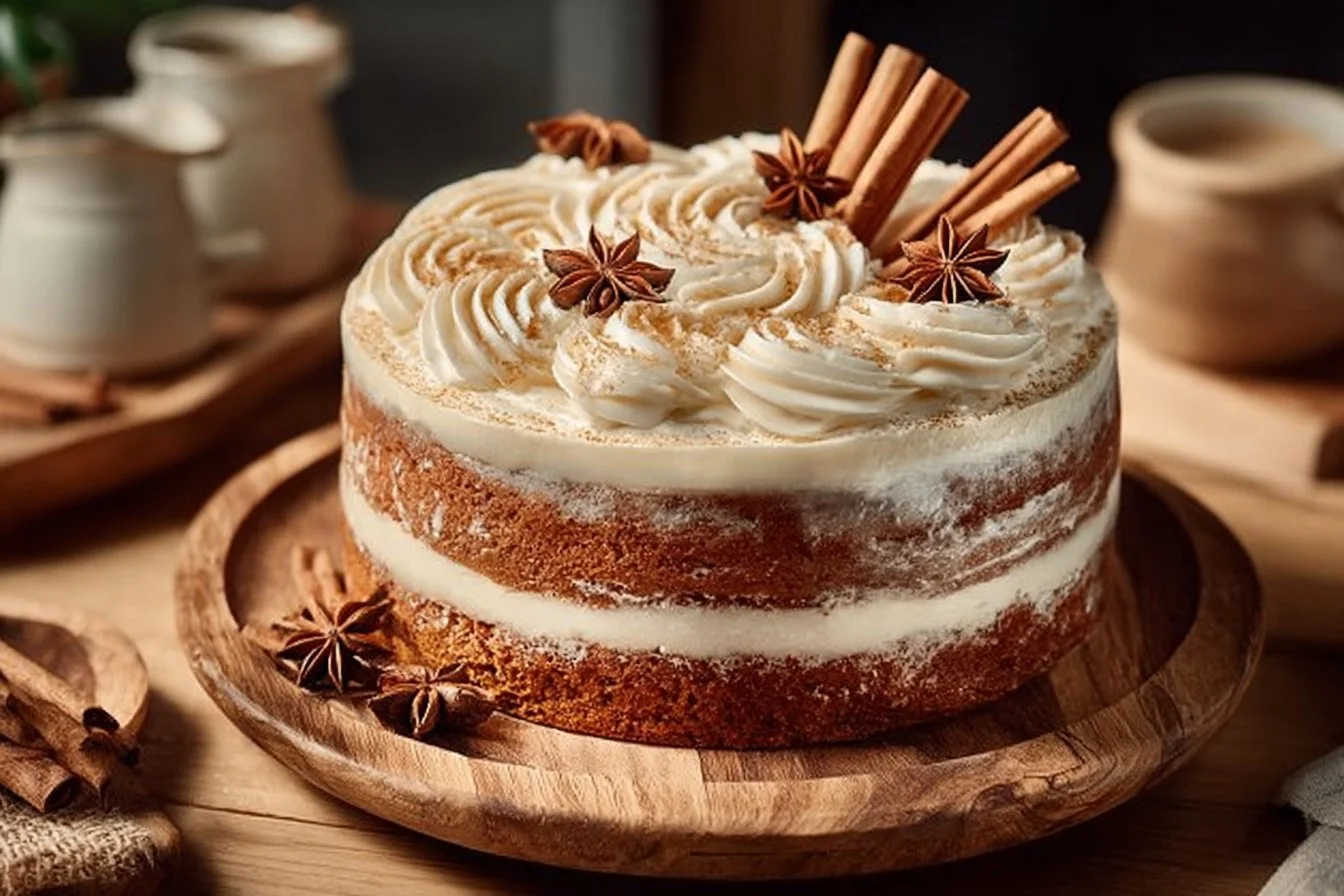 Delicious Brown Sugar Chai Cake topped with a creamy glaze and spices