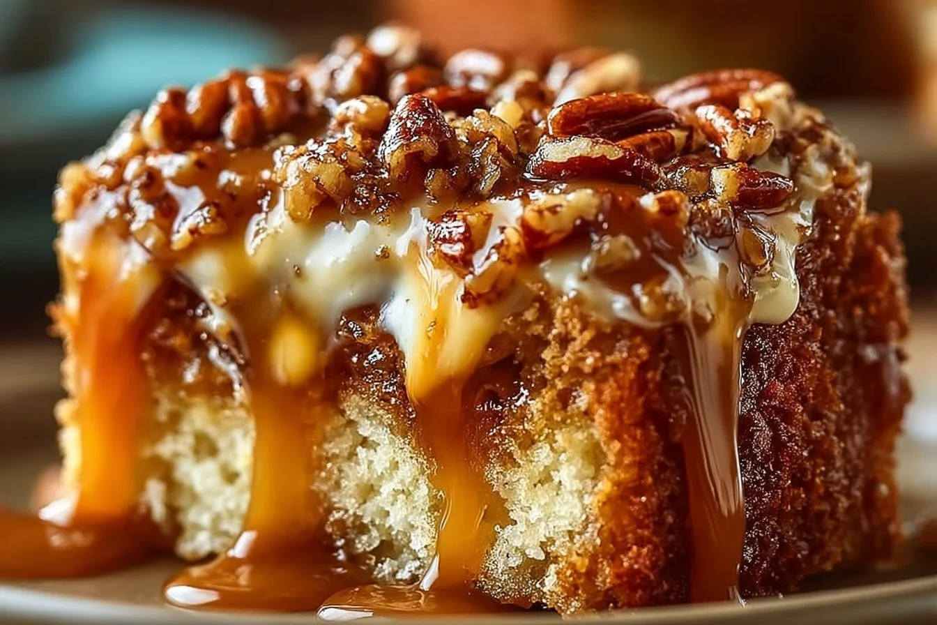 Delicious Butter Pecan Praline Poke Cake topped with pralines and pecans