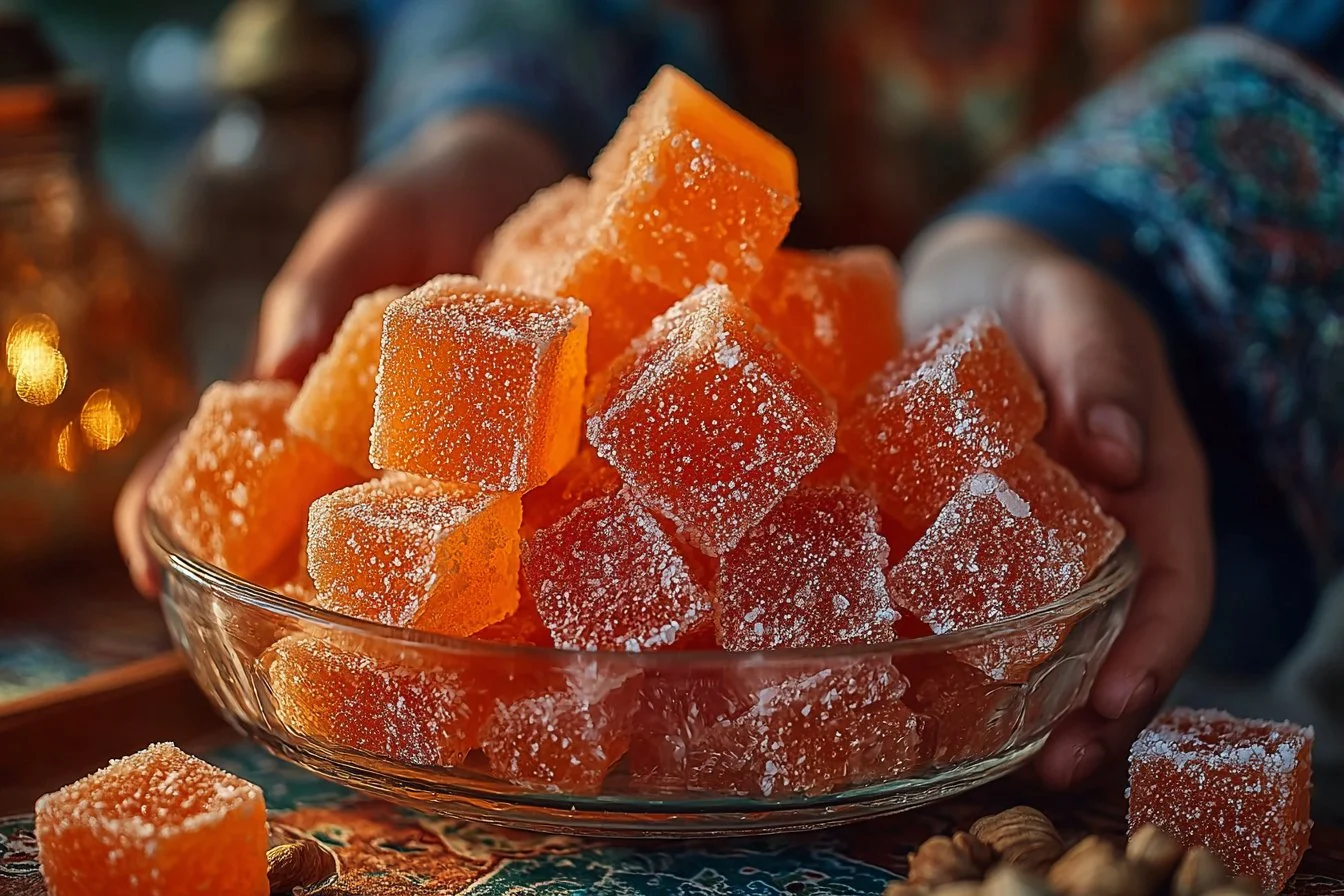 Classic homemade orange candy on a plate, bright and colorful sweets.