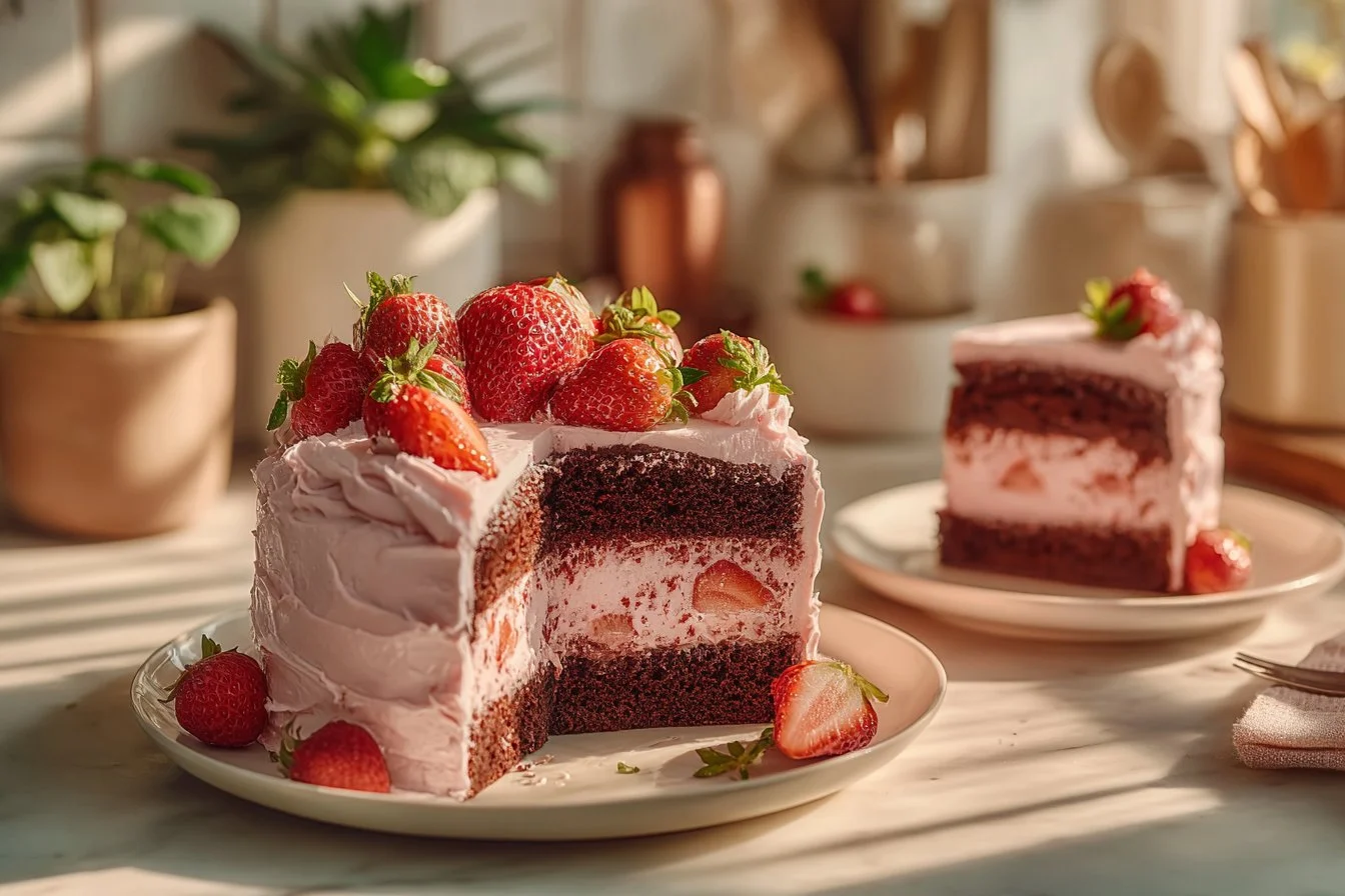 Delicious strawberry chocolate cake with fresh strawberries and chocolate frosting