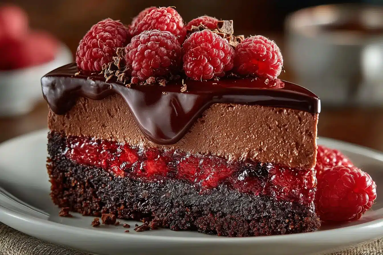 Delightful dark chocolate raspberry mousse cake topped with fresh raspberries.