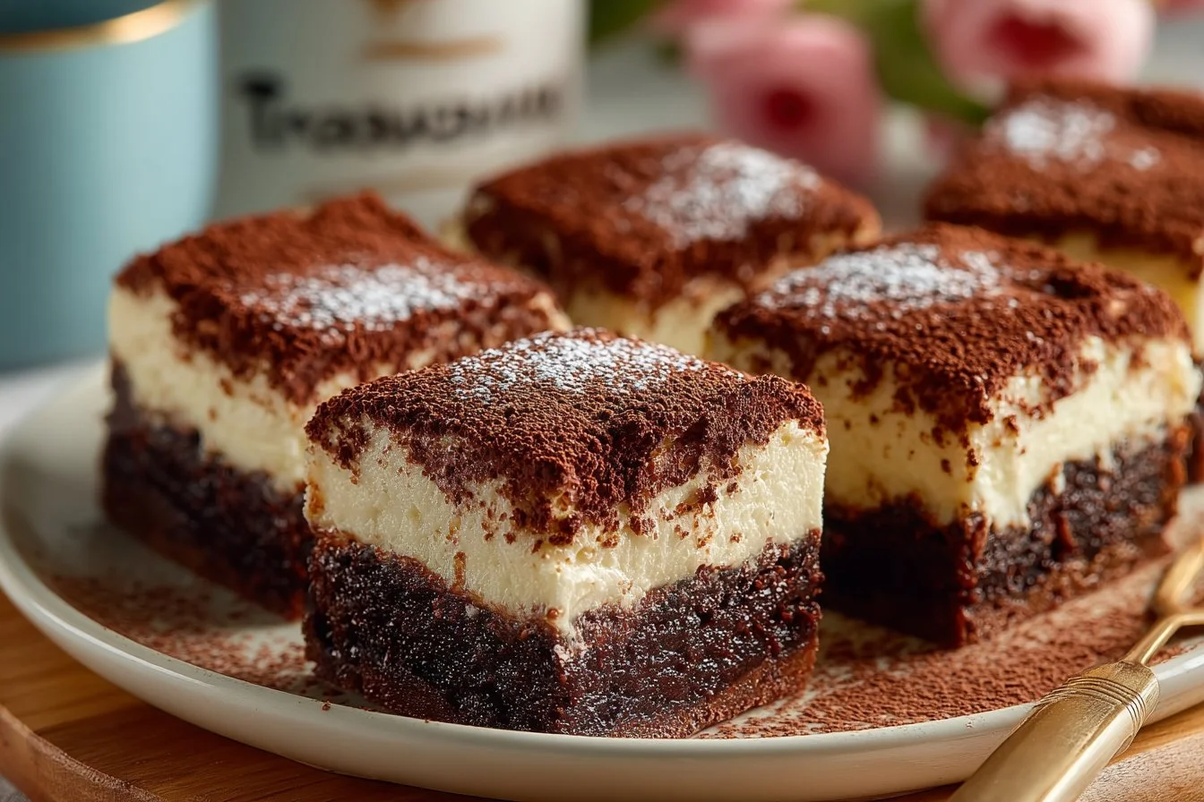 Delicious easy tiramisu brownies with layers of coffee and chocolate.