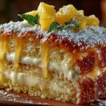 Juicy Pineapple Heaven Cake topped with fresh pineapple slices and whipped cream