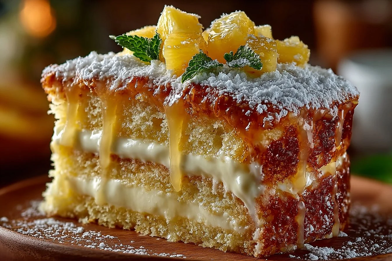 Juicy Pineapple Heaven Cake topped with fresh pineapple slices and whipped cream