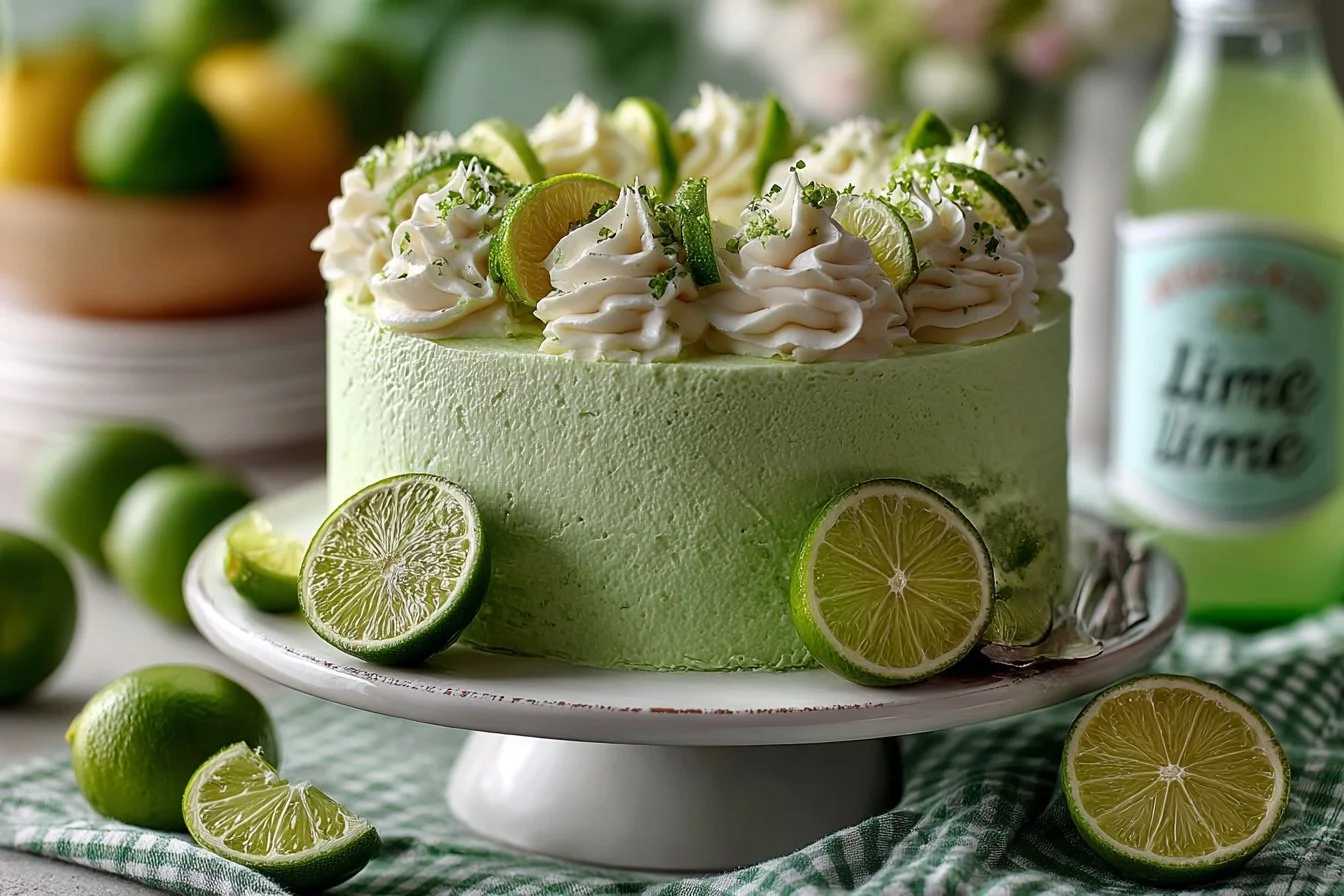 Homemade Key Lime Cake topped with creamy lime frosting and garnished with lime slices