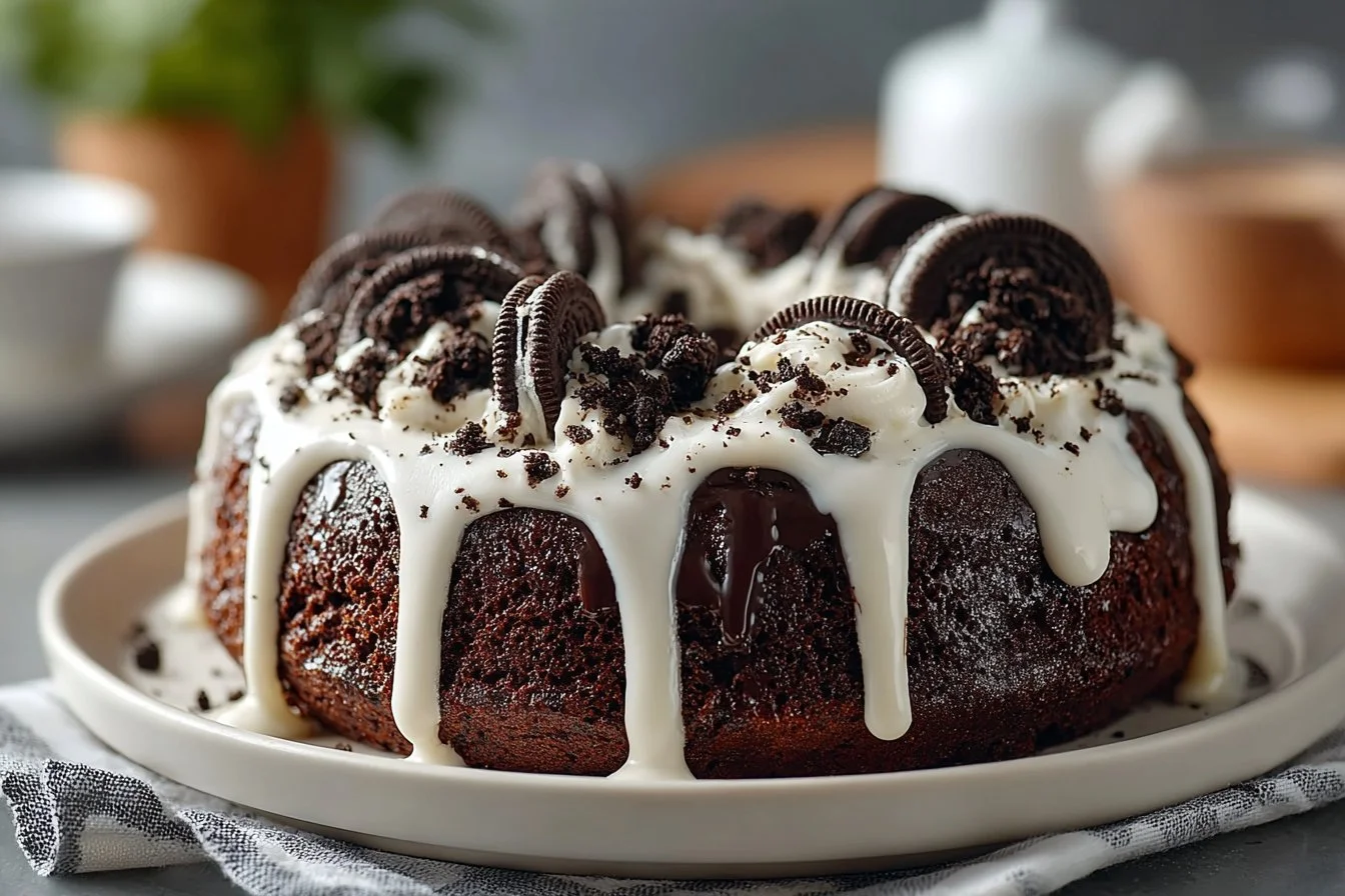 Delicious moist Oreo Pound Cake topped with crushed Oreos