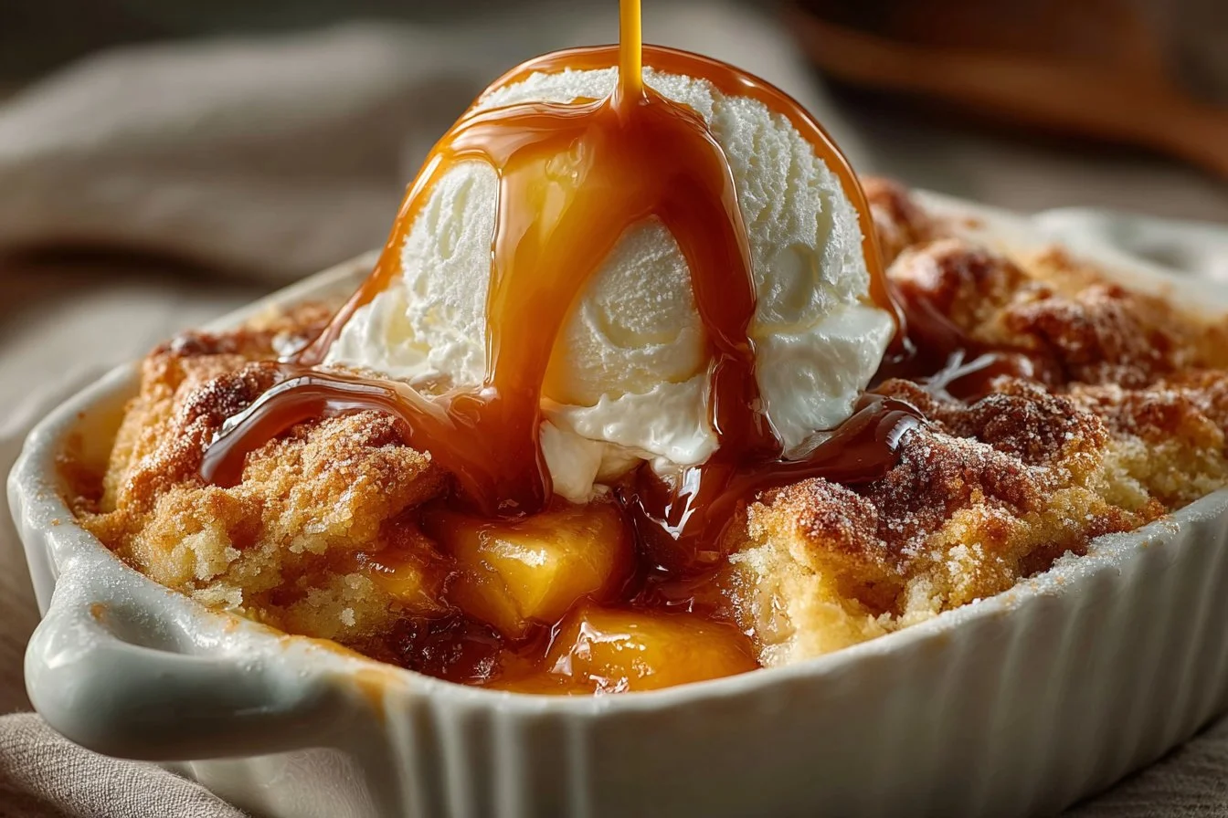 Homemade peach cobbler fresh out of the oven with golden crust and juicy peaches