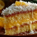 Delicious Pineapple Coconut Dream Cake topped with coconut flakes and pineapple slices