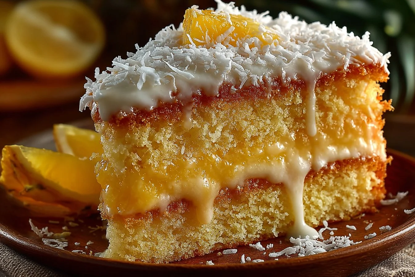 Delicious Pineapple Coconut Dream Cake topped with coconut flakes and pineapple slices