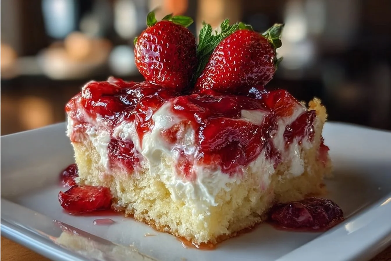 Delicious slice of Strawberry Earthquake Cake with fresh strawberries and creamy topping