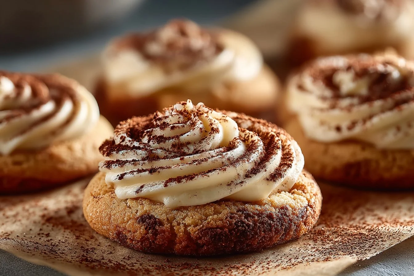 Delicious tiramisu cookies topped with cocoa and coffee flavors, perfect for dessert.