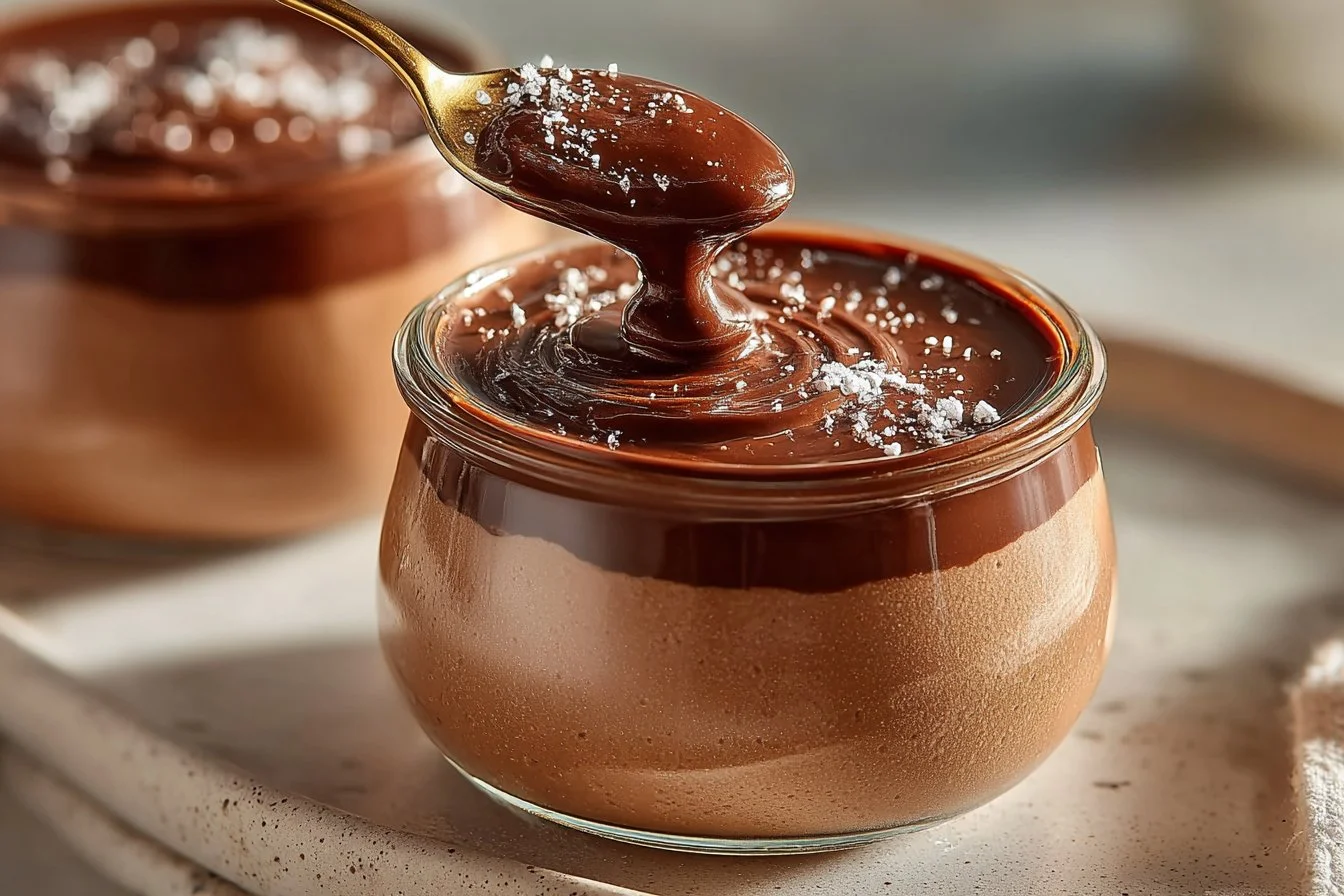 Vegan Peanut Butter Mousse with chocolate ganache served in a dessert dish