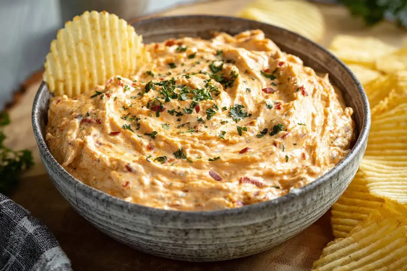 Delicious boat dip served with chips on a picnic table