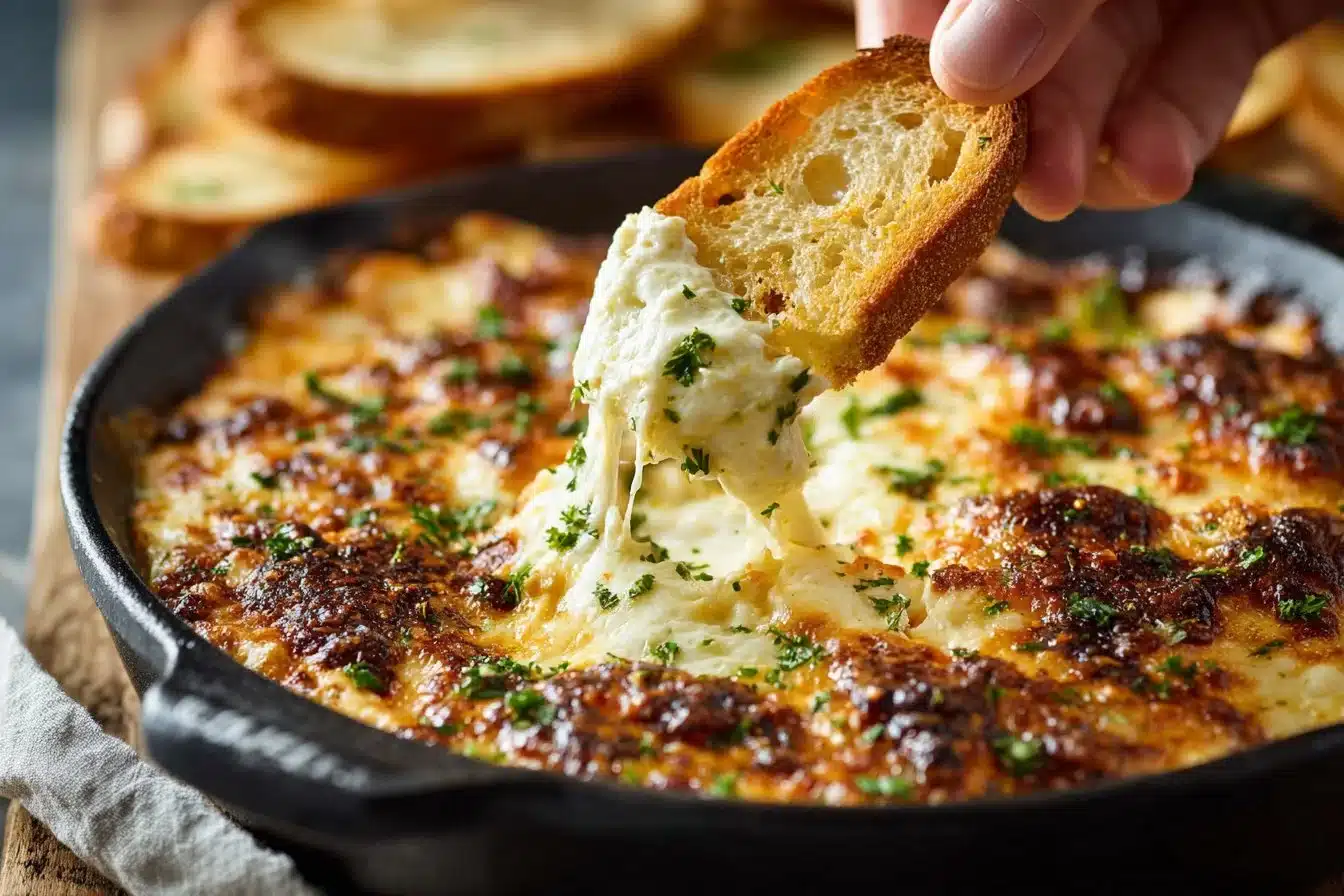 Creamy garlic bread dip served in a bowl with bread for dipping