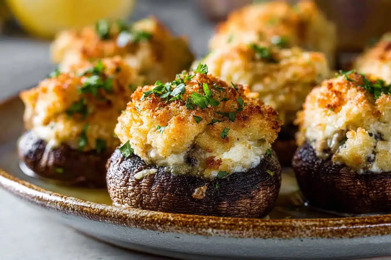 Delicious crab stuffed mushrooms served as an appetizer