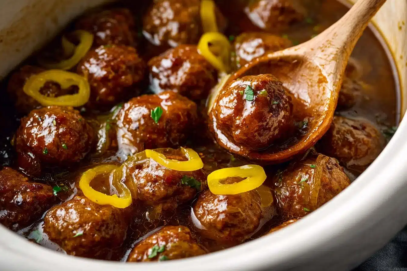 Crockpot Mississippi Meatballs served in a bowl, garnished with herbs.