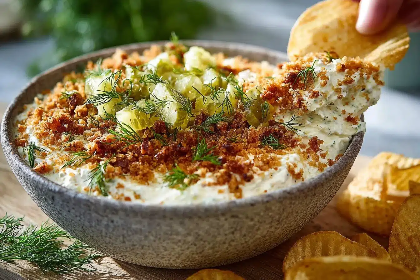 Delicious Fried Pickle Dip served in a bowl with crispy pickles