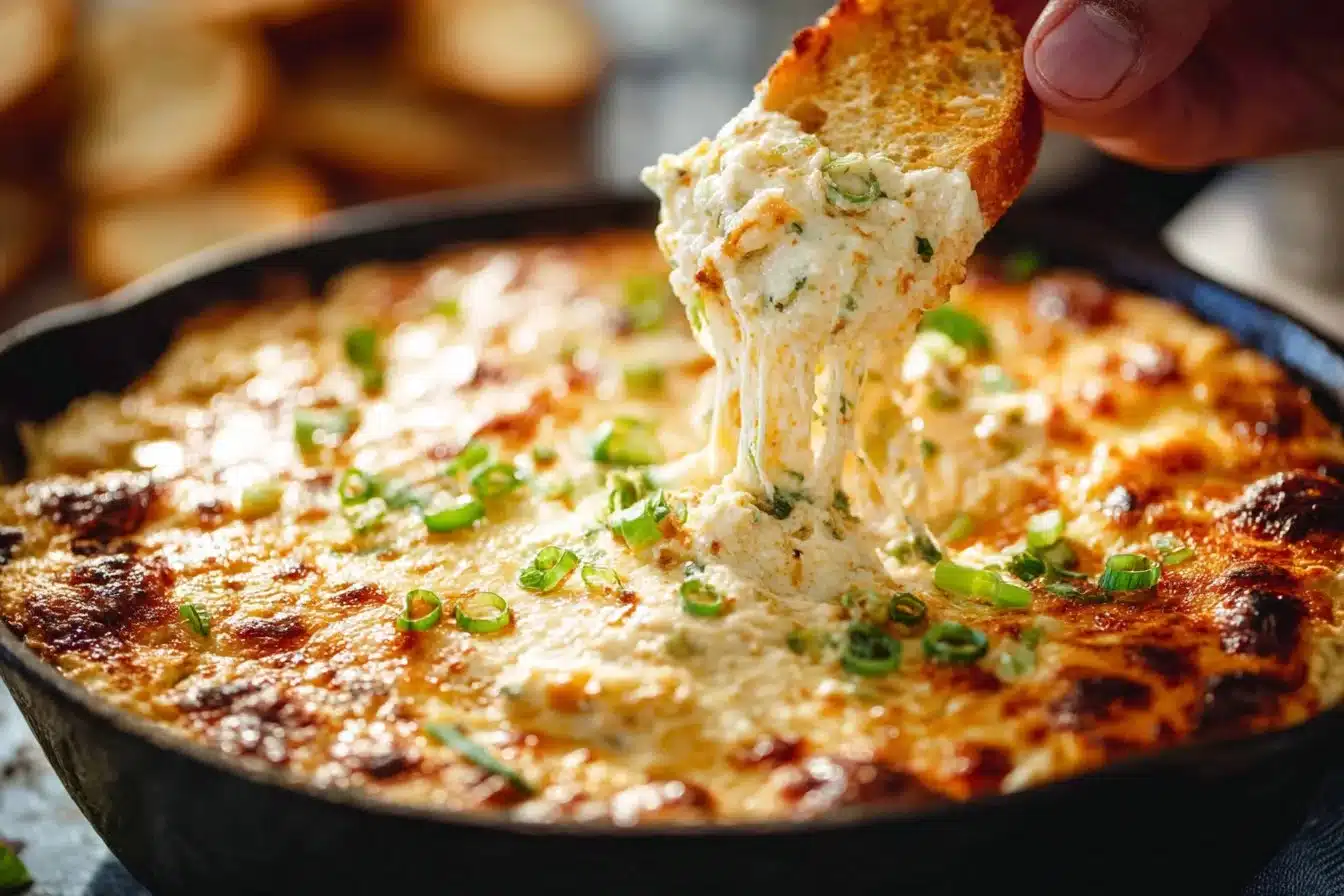 Bowl of delicious hot crab dip served with crispy chips