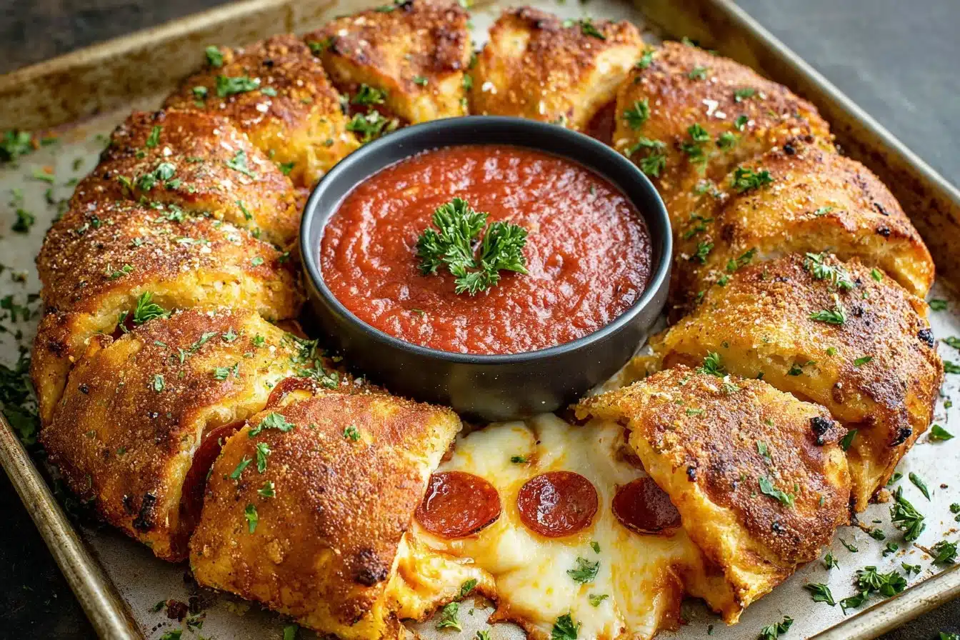 Delicious pizza crescent ring served on a wooden board