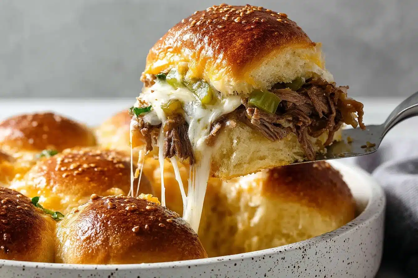 Philly Cheesesteak Sliders with melted cheese and sautéed peppers on a platter.