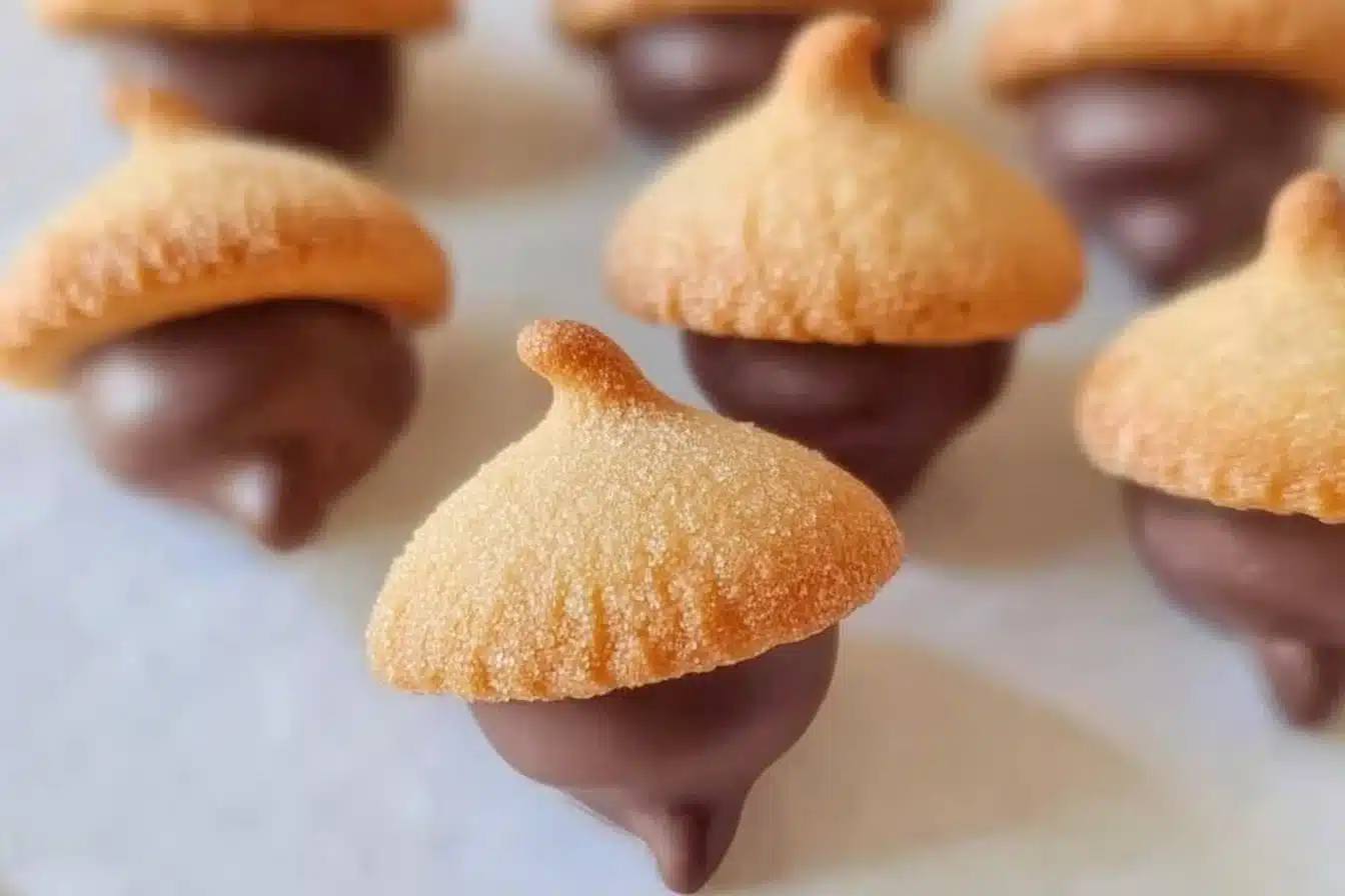Plate of delicious acorn cookies with chocolate and nuts