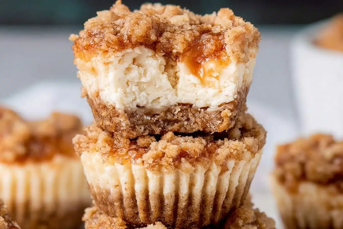 Apple Crisp Cheesecake Bites dessert on a plate with caramel drizzle