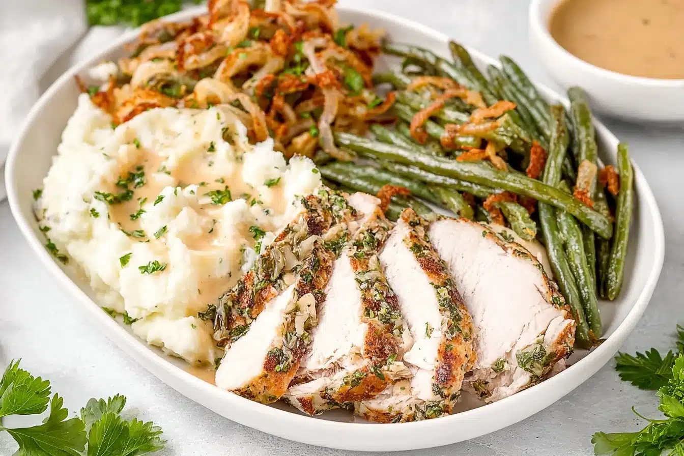 Delicious green bean casserole topped with crispy onions and creamy sauce.