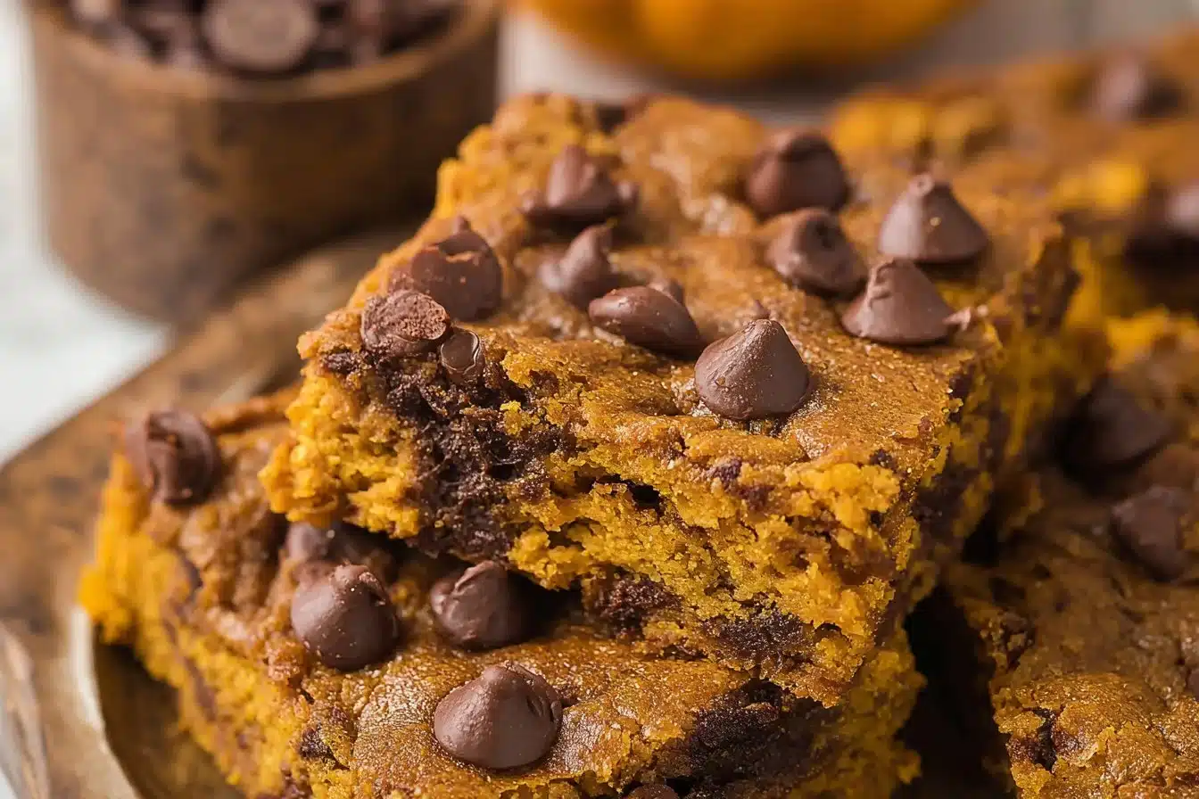 Delicious brown butter pumpkin chocolate chip bars on a plate
