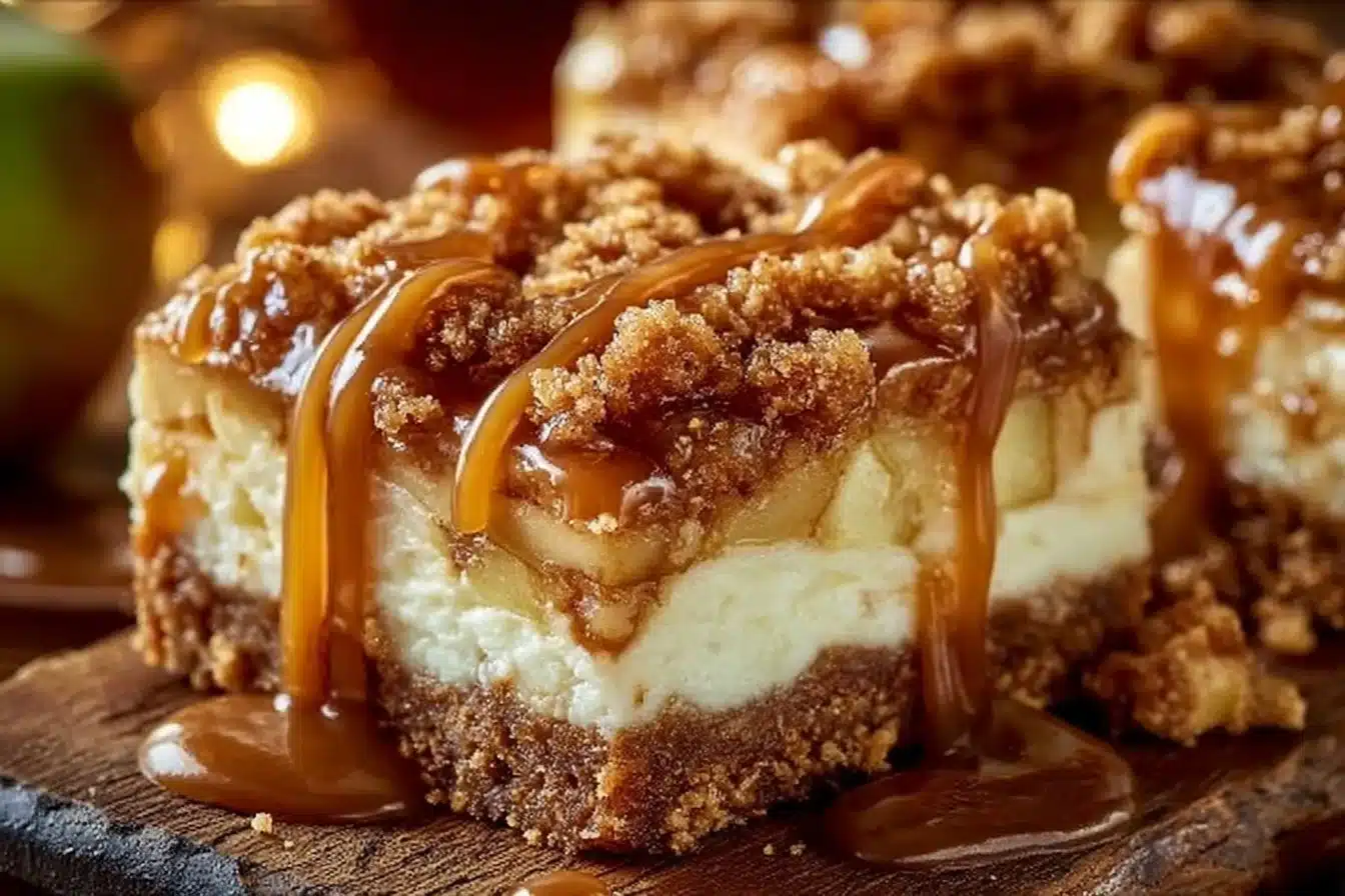 Delicious caramel apple cheesecake bars topped with caramel drizzle.