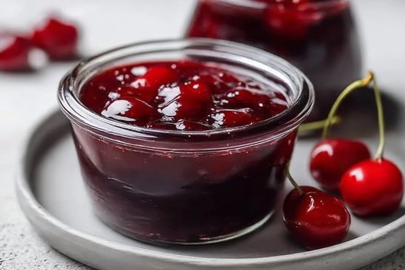 Jar of Cherry Amaretto Jam with cherries and almonds in the background