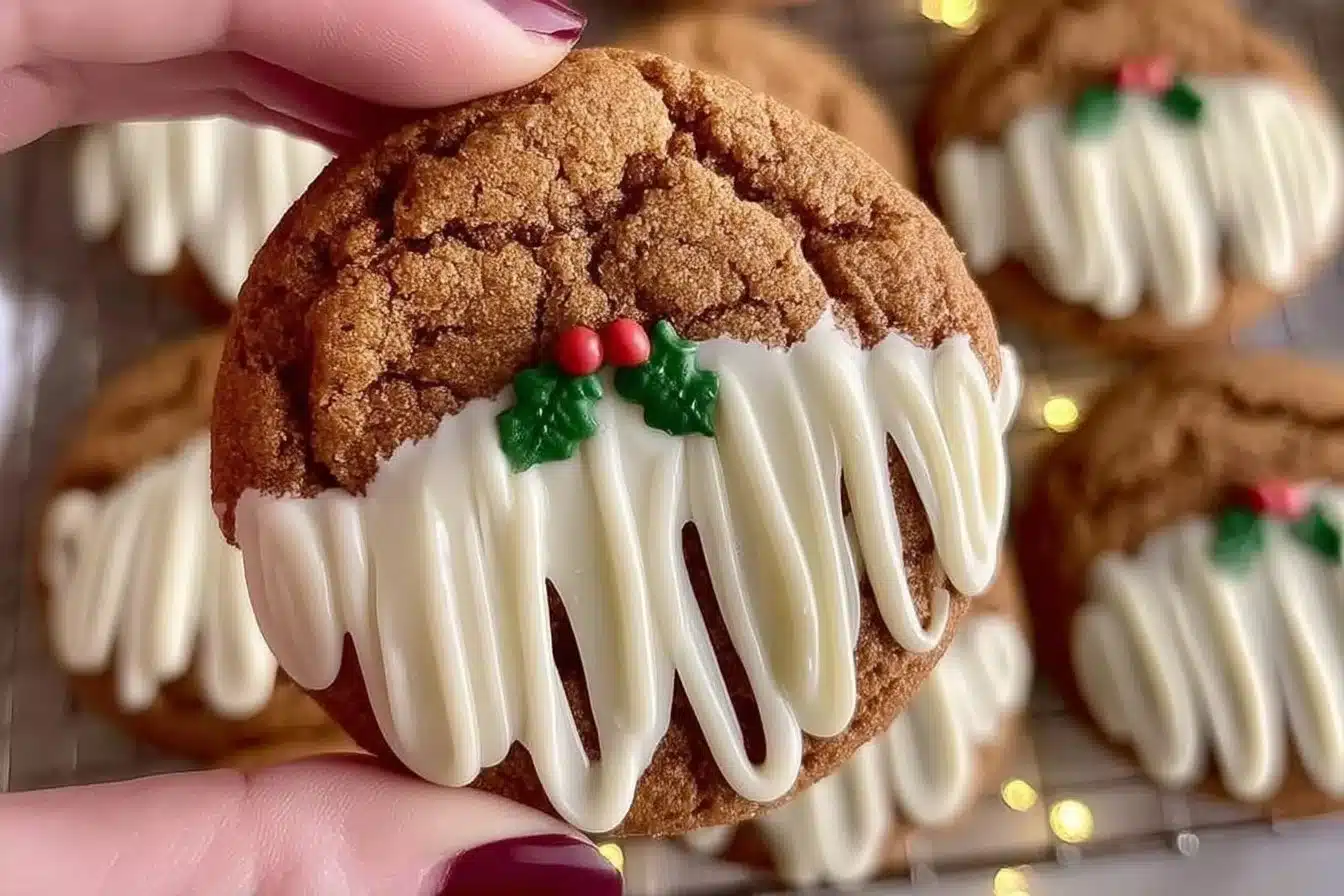 Chewy maple cinnamon cookies topped with white chocolate chips on a plate.