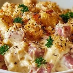 Delicious Chicken Cordon Bleu Casserole topped with melted cheese