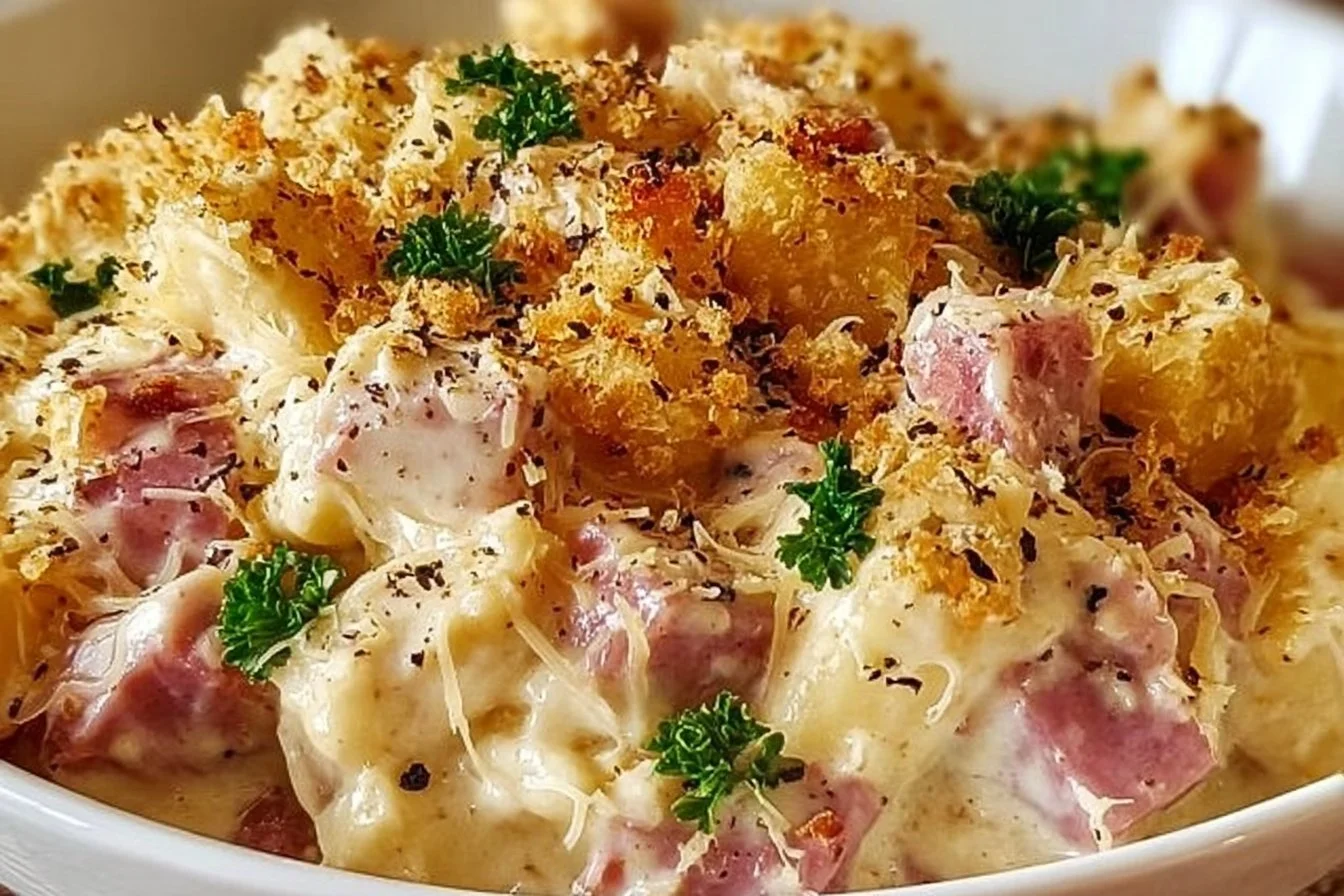 Delicious Chicken Cordon Bleu Casserole topped with melted cheese