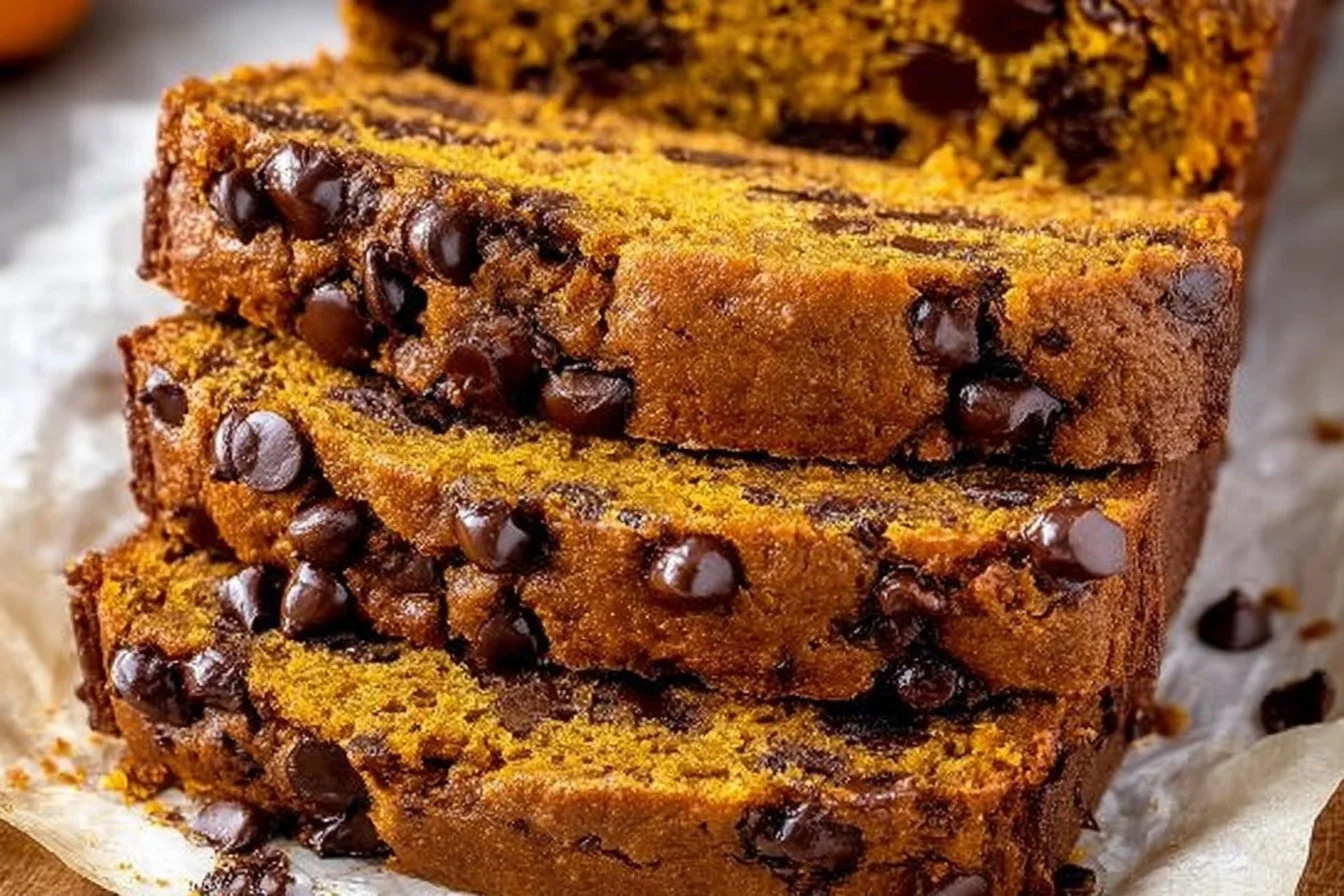 Moist chocolate chip pumpkin bread slice on a wooden table