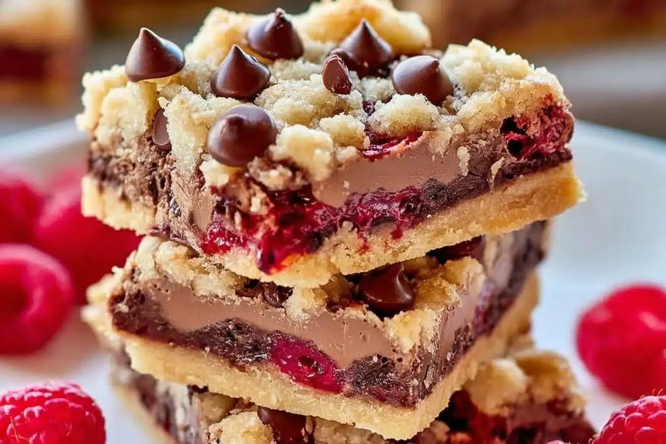 Delicious Chocolate Raspberry Crumb Bars with chocolate and raspberry layers.