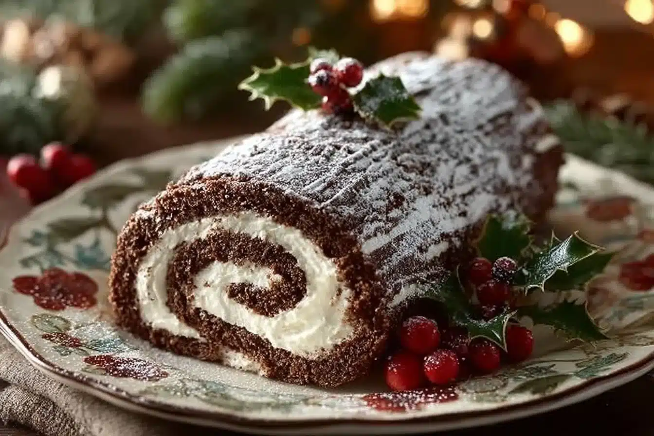 Delicious Chocolate Yule Log dessert beautifully decorated for the holidays