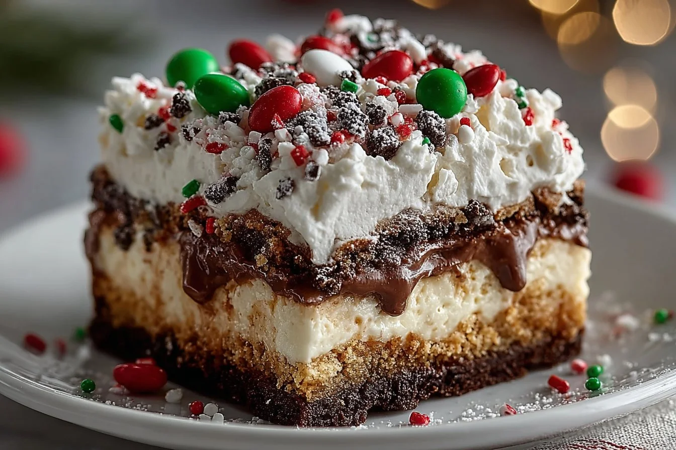 Layered Christmas dessert lasagna with creamy filling and festive toppings
