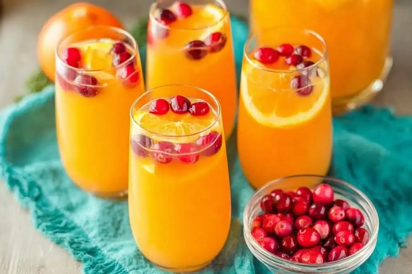Refreshing Christmas Morning Punch in a festive glass pitcher with fruit garnishes.