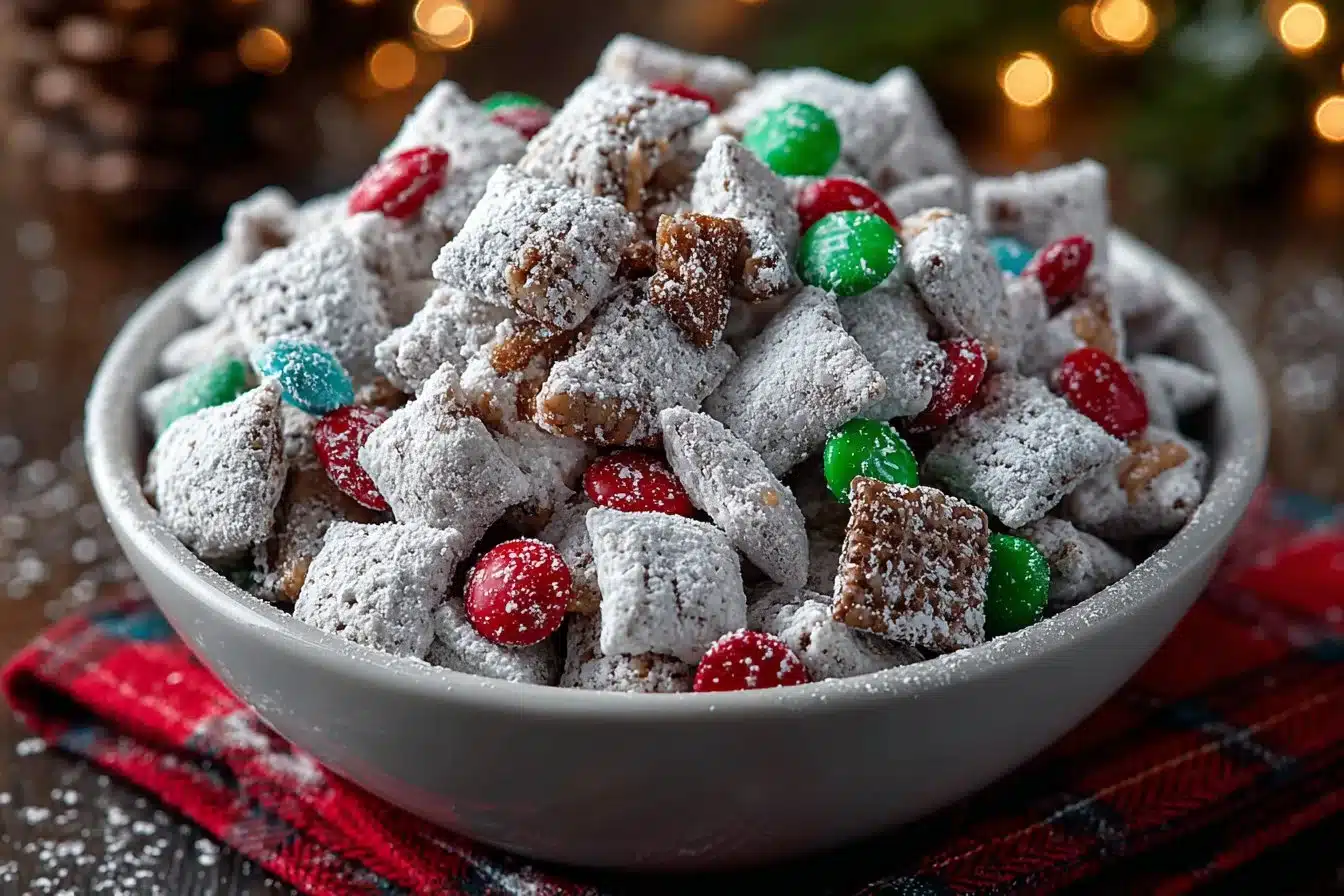Bowl of Christmas Puppy Chow with festive decorations.