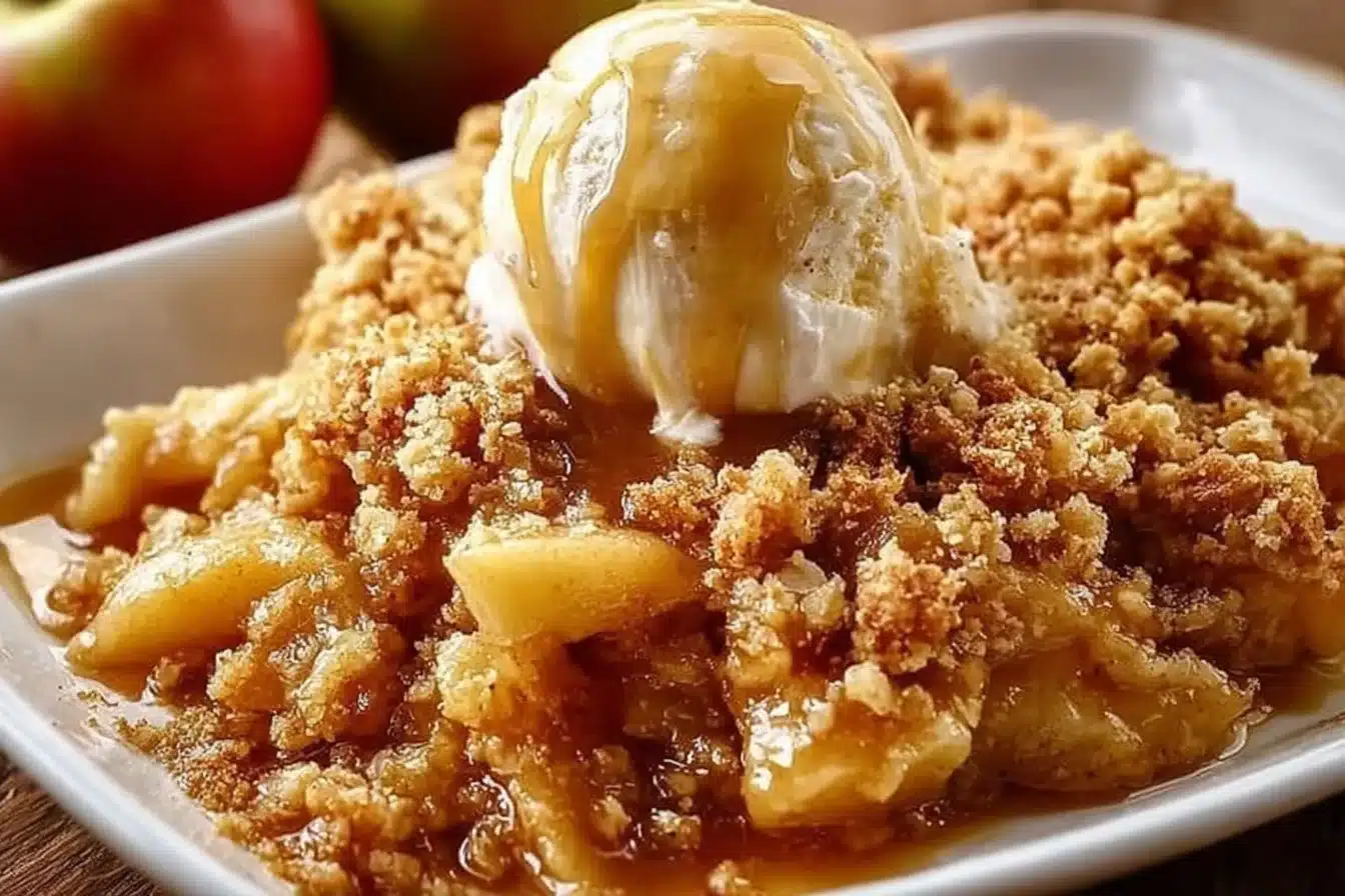 Delicious classic apple crumble dessert served in a bowl