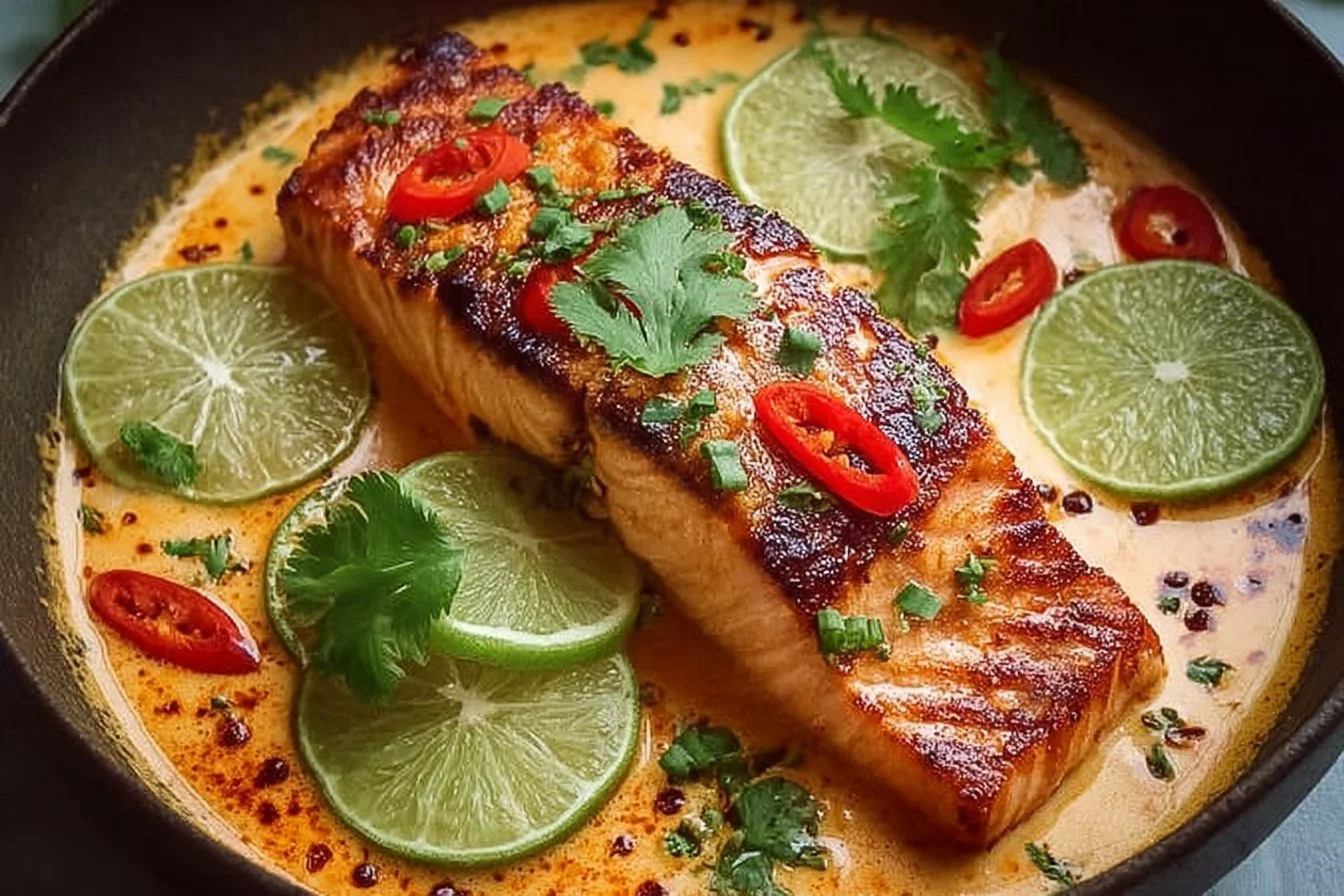 Delicious Coconut Lime Salmon served with fresh herbs and lime slices