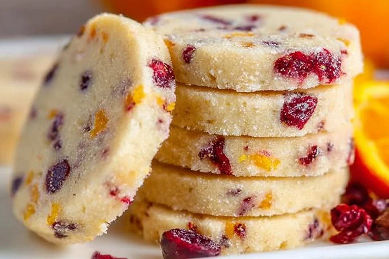Freshly baked cranberry orange shortbread cookies on a cooling rack