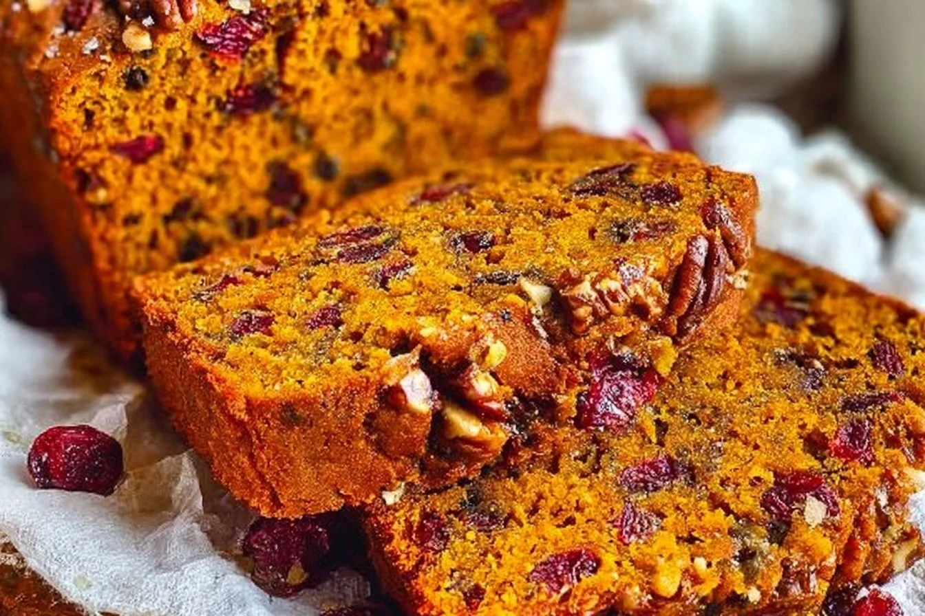 Loaf of cranberry pecan pumpkin bread on a wooden table.