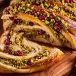 Cranberry Pistachio Babka Bread Wreath garnished for festive occasions