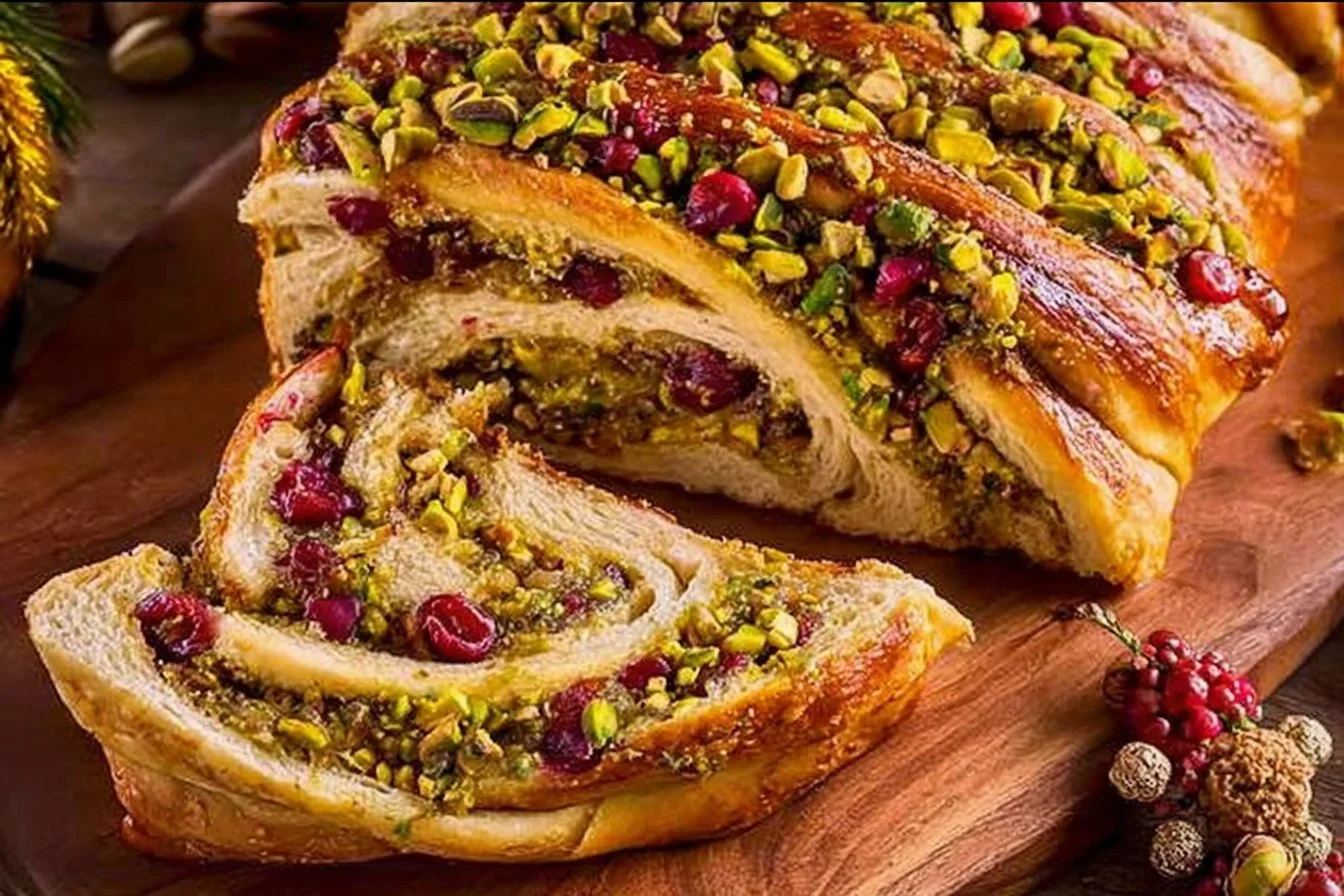 Cranberry Pistachio Babka Bread Wreath garnished for festive occasions
